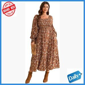 Plus Size Long Sleeve Maxi Dress with Pockets, Smocked Bodice, Flowy A-Line